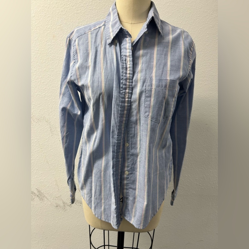 Diane Von Furstenberg Blue and White Striped Long Sleeve Shirt